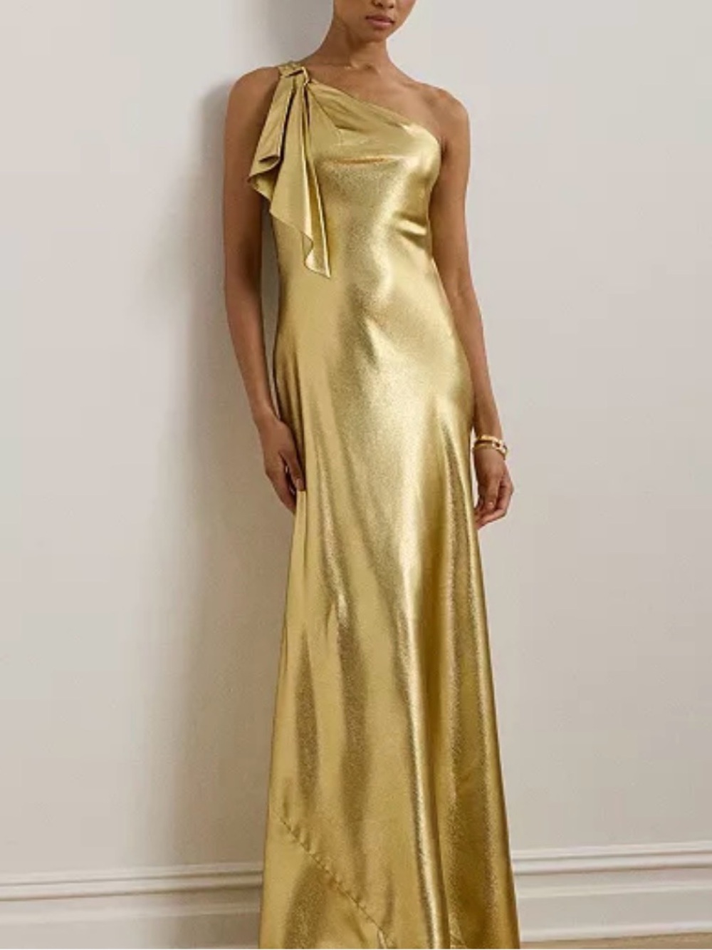 Ralph Lauren - Women's Metallic Charmeuse One-Shoulder Gold Gown - Size 0